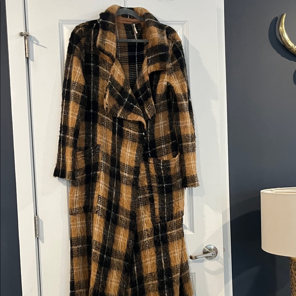Free People Plaid Long Coat in Black and Tan